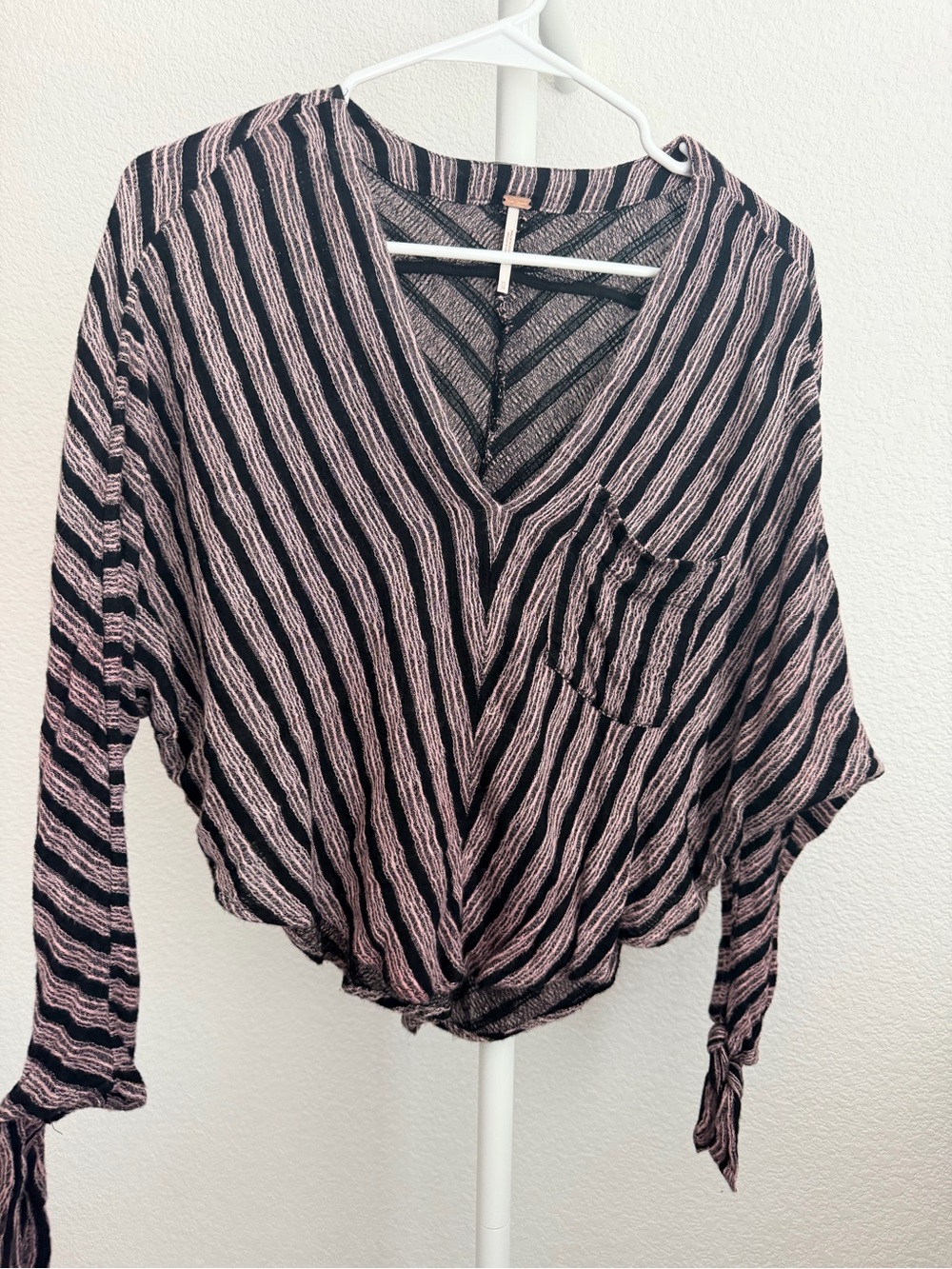 Free People Black and Light Pink Striped V-Neck Tie-Front Blouse